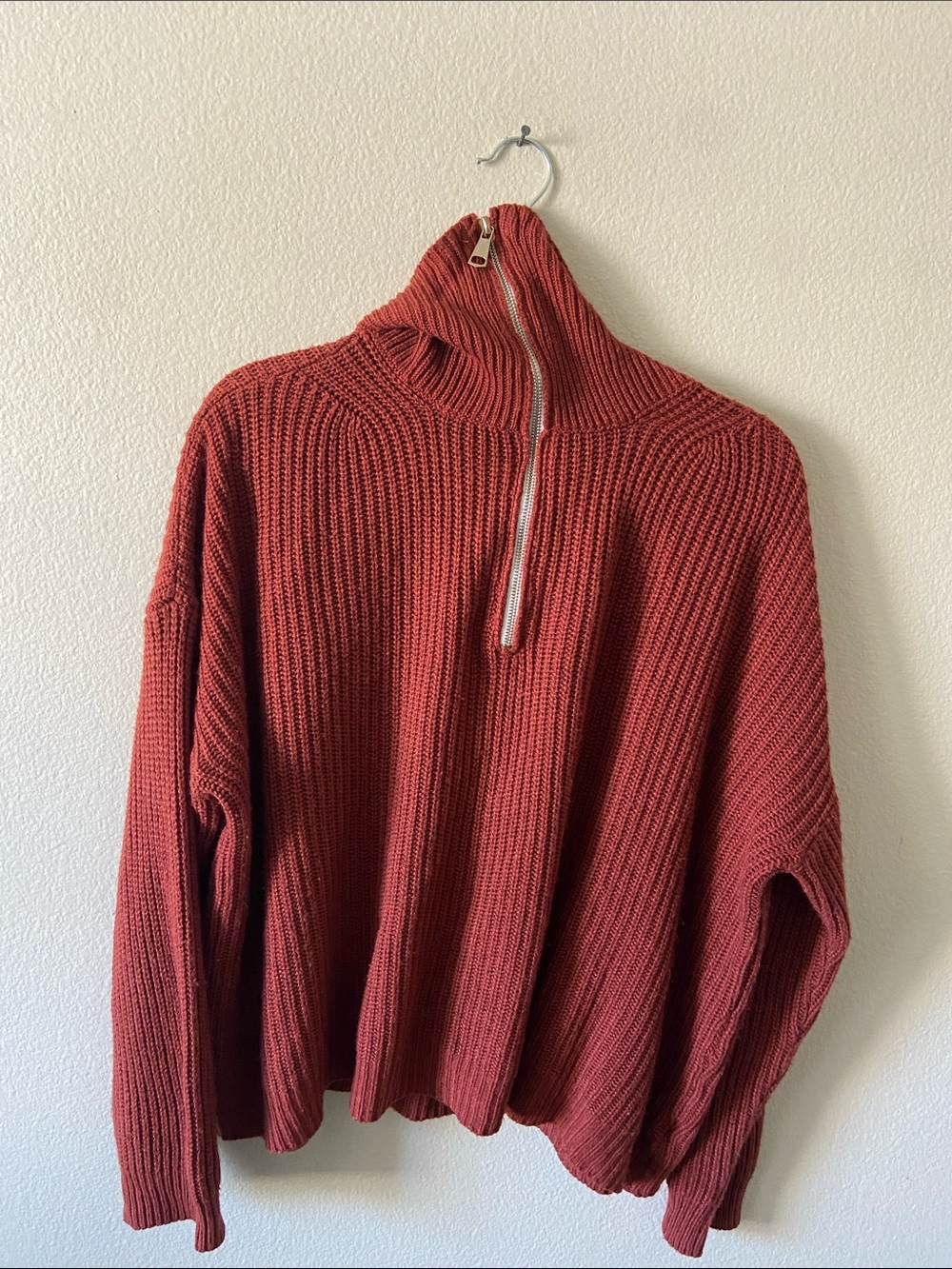 Relaxed Rust Half-Zip Ribbed Turtleneck Sweater - Picture 3 of 5